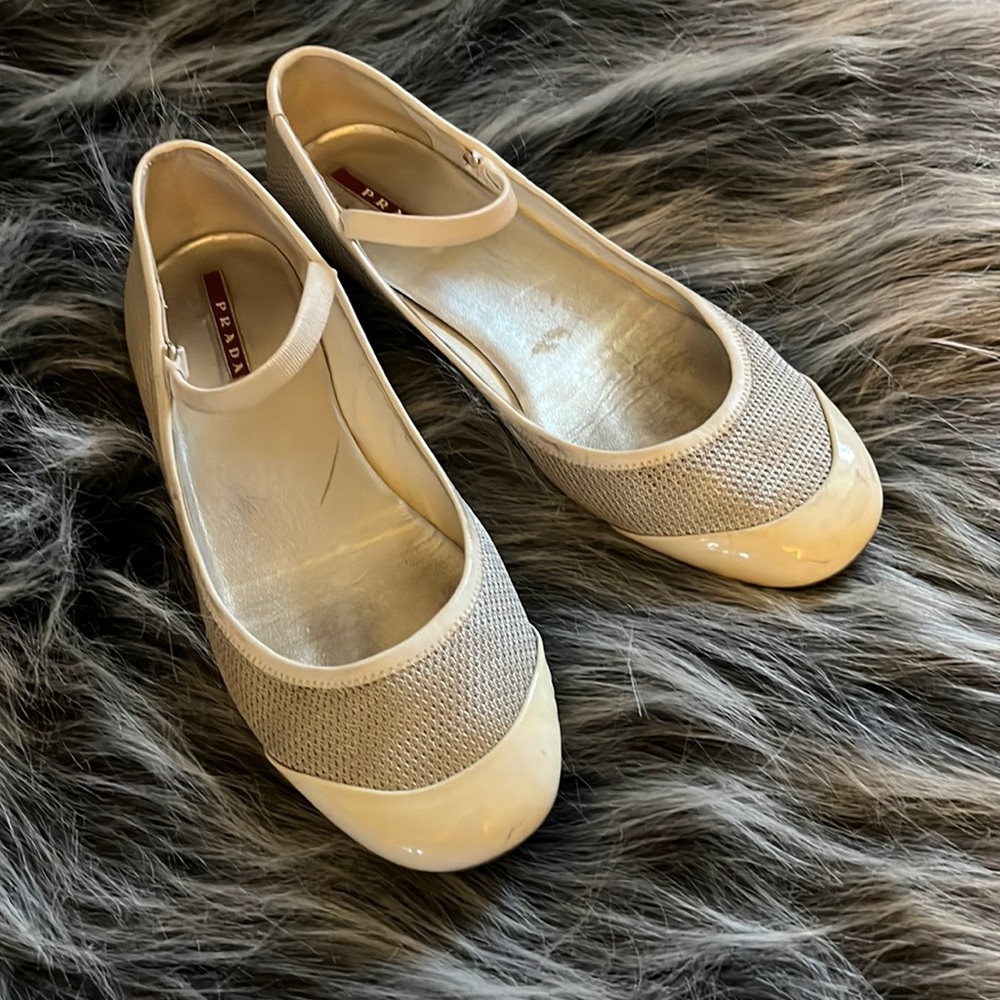 Prada metallic grey and white patent flats